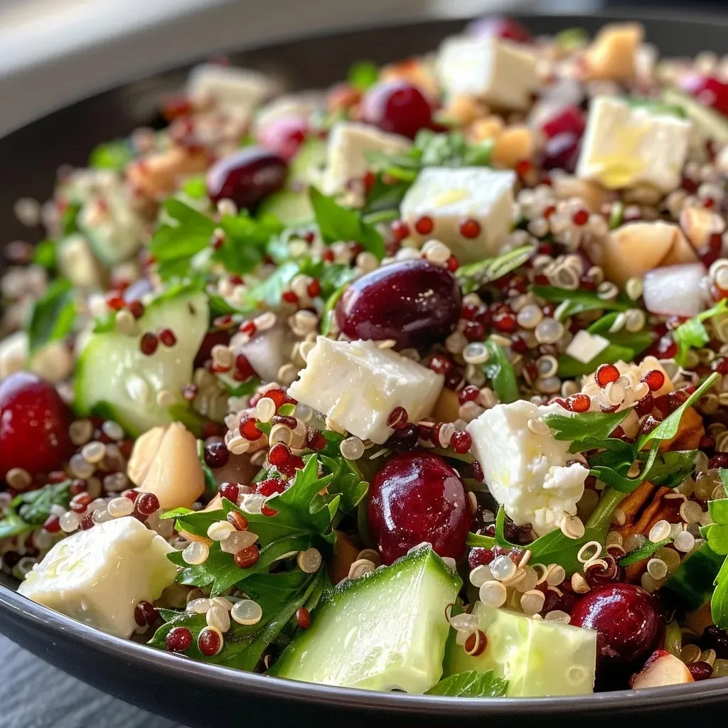 ['Close-up of a vibrant quinoa salad featuring cranberries and feta, with a sprinkling of herbs.', 'A side view of a colorful salad made with quinoa, cranberries, and crumbled feta cheese in a bowl.', 'Juicy quinoa salad with red cranberries and creamy feta, garnished with green onions and parsley.', 'Detailed shot of Preiselbeer Quinoa Feta Salad, showcasing the texture of the ingredients and fresh herbs.']