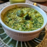 ['Close-up of a creamy broccoli soup garnished with herbs.', 'Side view of protein-rich broccoli soup in a bowl, with visible chickpeas.', 'Freshly made broccoli soup topped with parsley, displayed in a rustic setting.', 'A vibrant green broccoli soup with a smooth texture, served in a white bowl.']