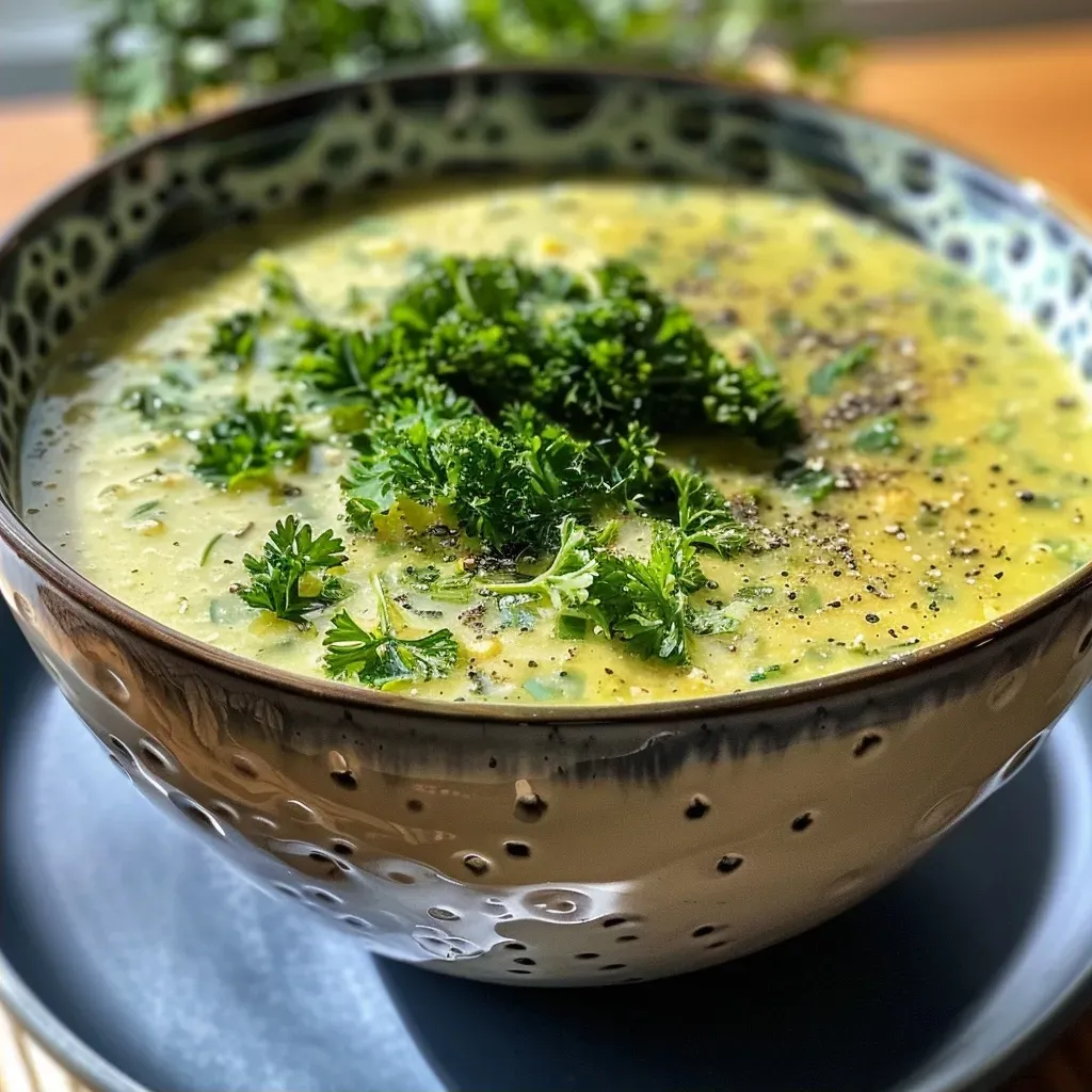 Close-up of a creamy broccoli soup garnished with herbs.