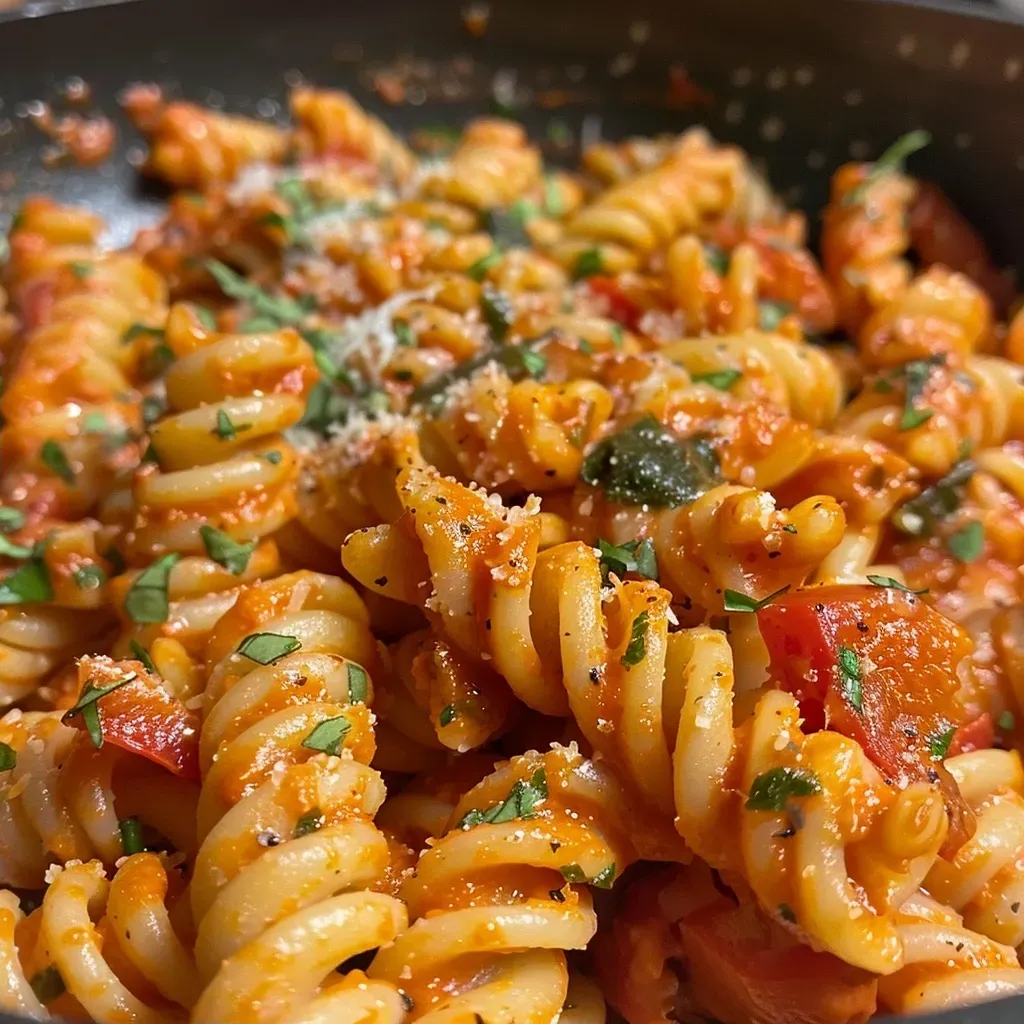 ['Close-up view of creamy roasted red pepper pasta garnished with fresh basil.', 'Side angle of a forkful of protein-rich pasta with a creamy red pepper sauce.', 'A plate of vibrant red pepper pasta with a sprinkle of parmesan, showcasing its creamy texture.', 'Juicy pasta dish featuring chickpea rotini and roasted red peppers, set against a neutral background.']