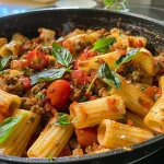 ['A close-up view of a colorful pasta dish with ground meat and cherry tomatoes.', 'Detailed view of a protein-packed pasta pan featuring mozzarella and herbs.', 'Juicy pasta dish with minced meat, tomatoes, and a sprinkle of spices.', 'Side view of a hearty pasta meal with mini mozzarella and fresh ingredients.']