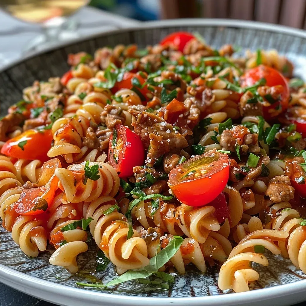 ['A close-up view of a colorful pasta dish with ground meat and cherry tomatoes.', 'Detailed view of a protein-packed pasta pan featuring mozzarella and herbs.', 'Juicy pasta dish with minced meat, tomatoes, and a sprinkle of spices.', 'Side view of a hearty pasta meal with mini mozzarella and fresh ingredients.']