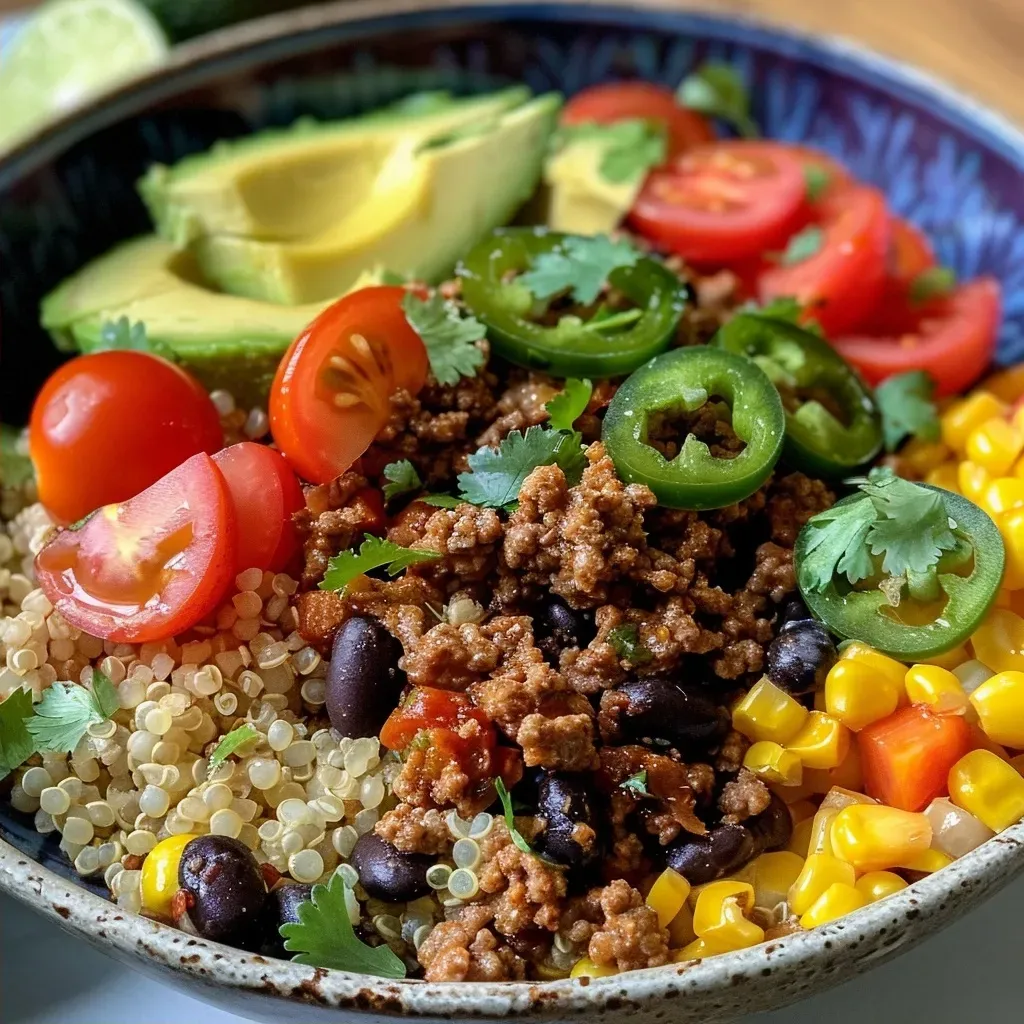 Close-up of a protein-rich taco bowl featuring ground beef, crispy potatoes, and fresh toppings.