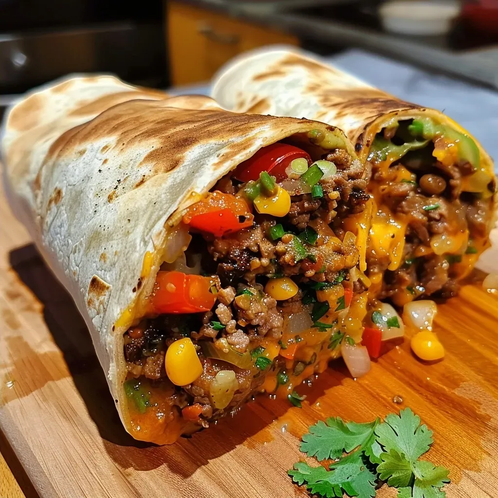 Close-up view of a hearty protein-rich burrito casserole with colorful ingredients.