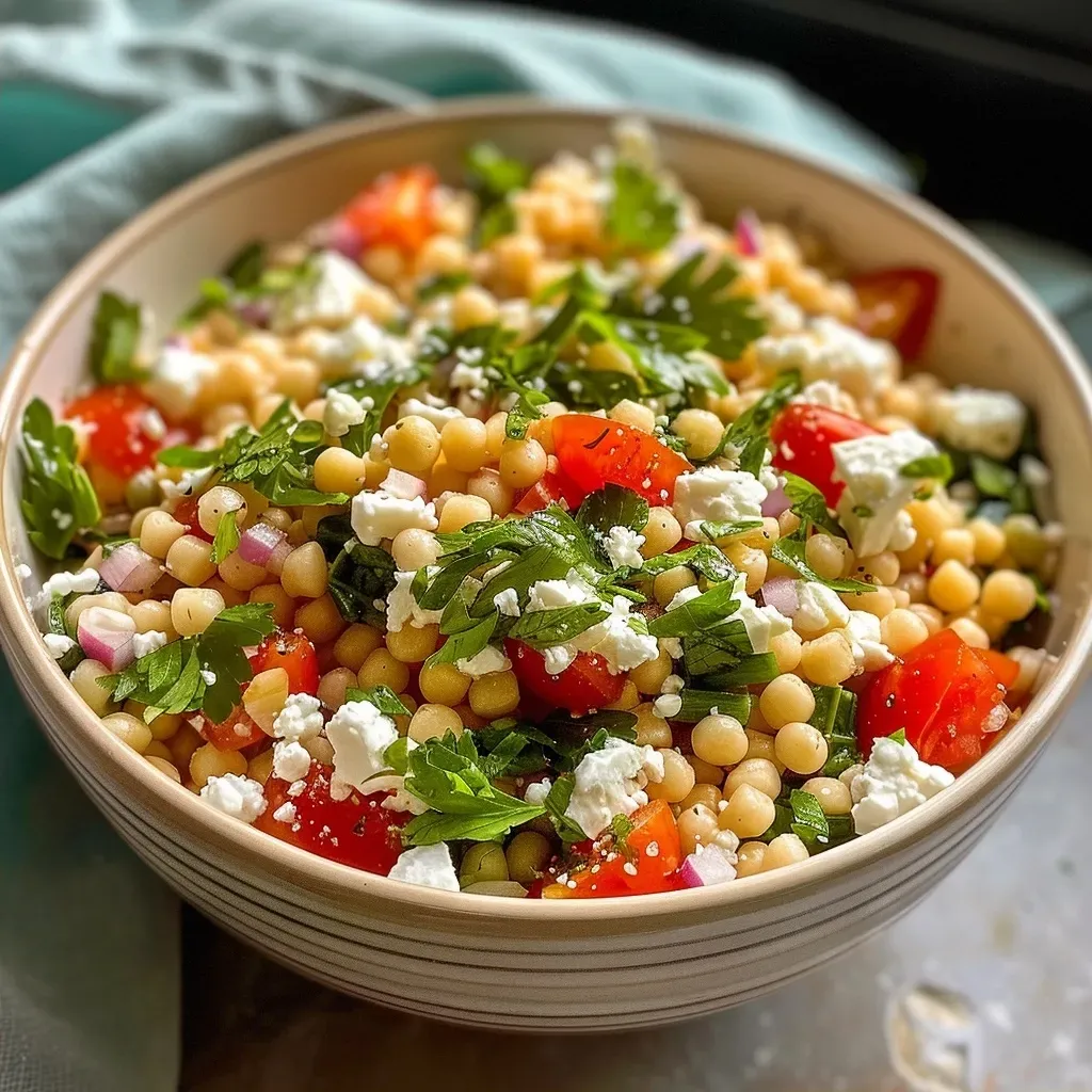 Close-up view of a vibrant couscous salad featuring chickpeas, feta cheese, and fresh herbs.