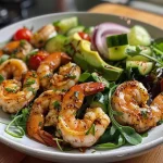 ['Close-up view of a vibrant shrimp salad emphasizing juicy shrimp and fresh ingredients.', 'Side view of a colorful high-protein shrimp salad featuring mixed greens and avocado.', 'Detailed shot of shrimp salad showcasing cherry tomatoes, cucumber, and sliced red onion.', 'Close-up image of a delicious shrimp salad with a blend of greens, shrimp, and dressing.']