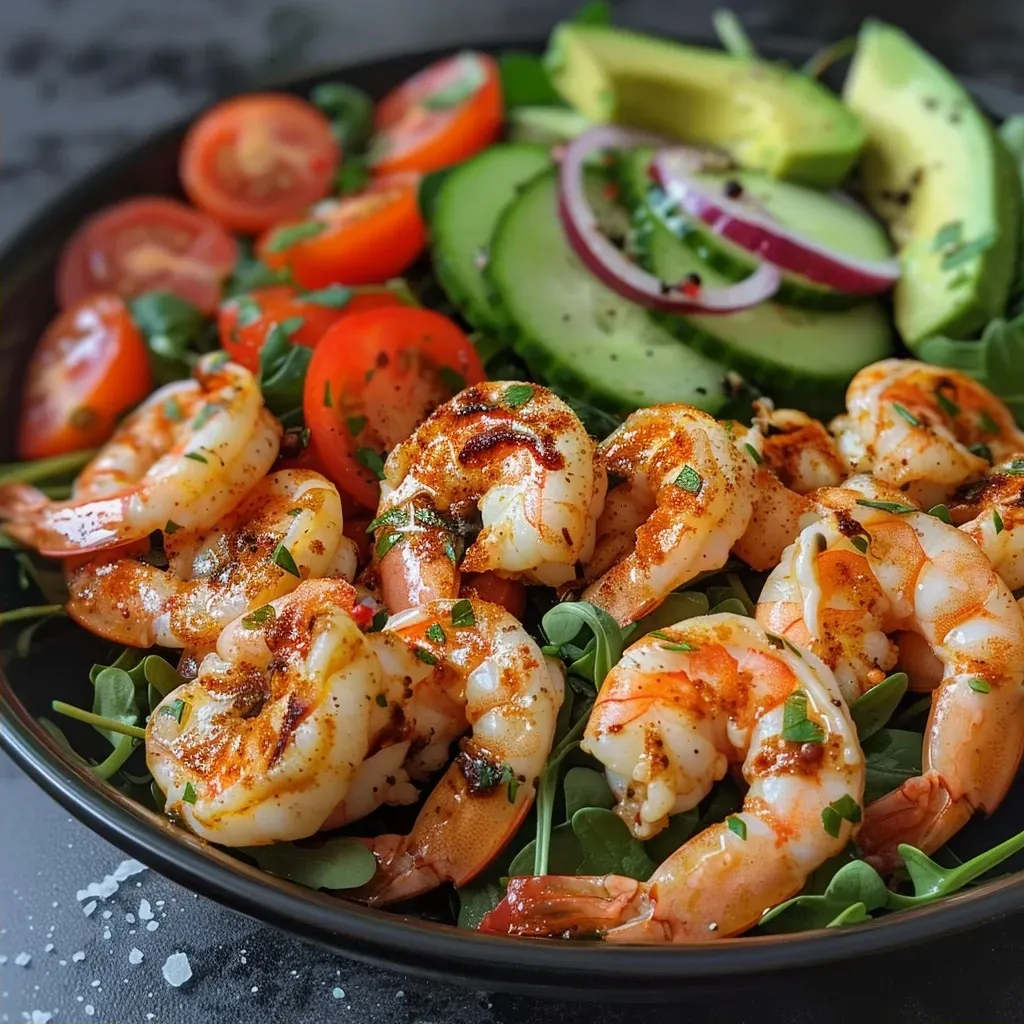 Close-up view of a vibrant shrimp salad emphasizing juicy shrimp and fresh ingredients.