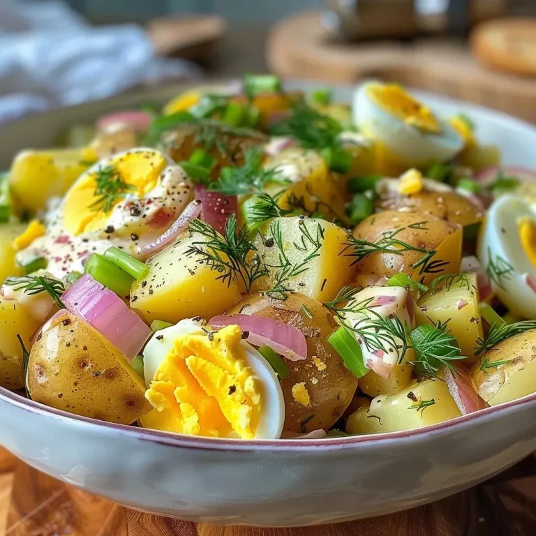 ['Close-up of a colorful high-protein potato salad featuring diced potatoes, eggs, and fresh vegetables.', 'Side view of creamy potato salad with chunks of pickles, celery, and red onion, topped with fresh dill.', 'Detailed shot of a vibrant potato salad with creamy dressing, showcasing bright green vegetables and seasonings.', 'Appetizing view of protein-rich potato salad served in a bowl, highlighting its creamy texture and fresh ingredients.']
