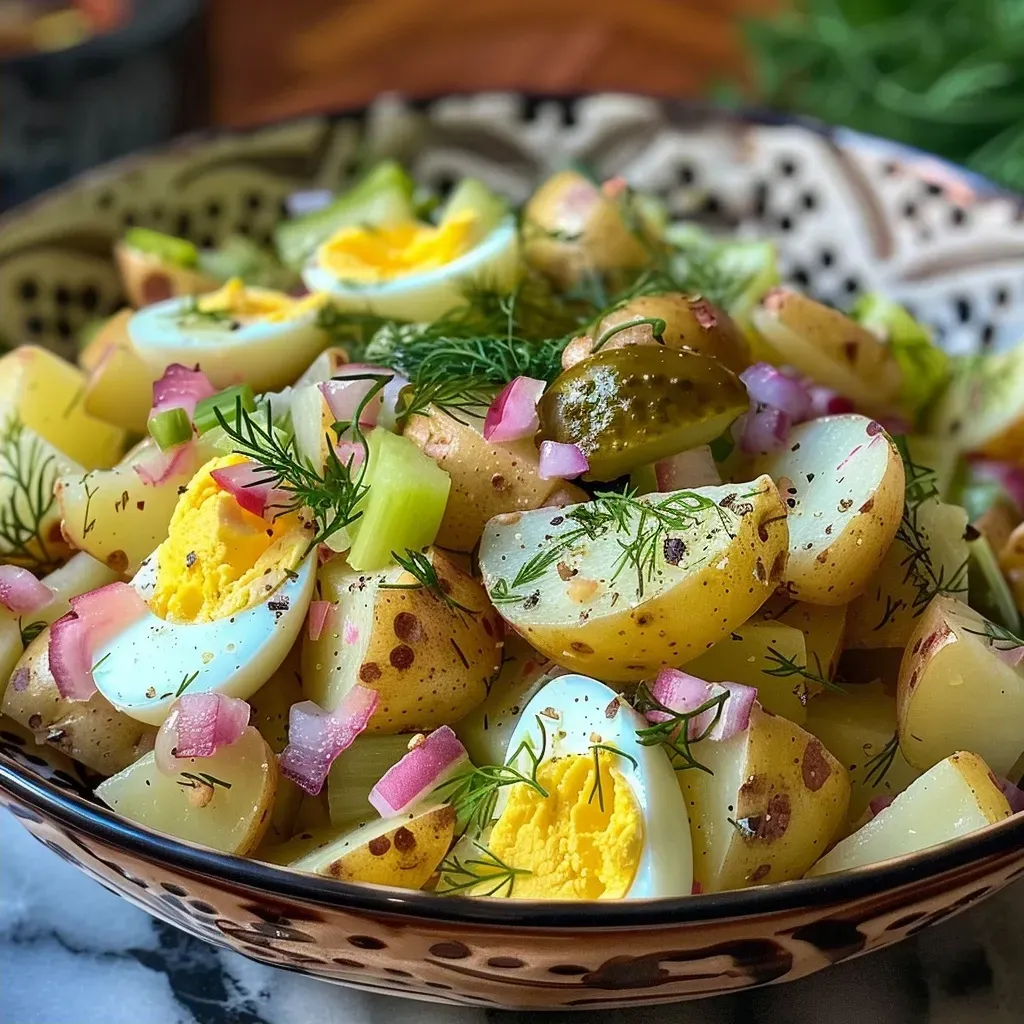 ['Close-up of a colorful high-protein potato salad featuring diced potatoes, eggs, and fresh vegetables.', 'Side view of creamy potato salad with chunks of pickles, celery, and red onion, topped with fresh dill.', 'Detailed shot of a vibrant potato salad with creamy dressing, showcasing bright green vegetables and seasonings.', 'Appetizing view of protein-rich potato salad served in a bowl, highlighting its creamy texture and fresh ingredients.']
