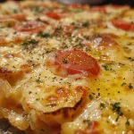 ['Close-up of a creamy Provençal potato gratin layered with tomatoes.', 'Side view of a golden-brown potato gratin with fresh tomatoes and herbs.', 'Juicy Provençal potato gratin featuring melted mozzarella and herbs.', 'Deliciously baked potato gratin with tomatoes, garnished with herbs.']
