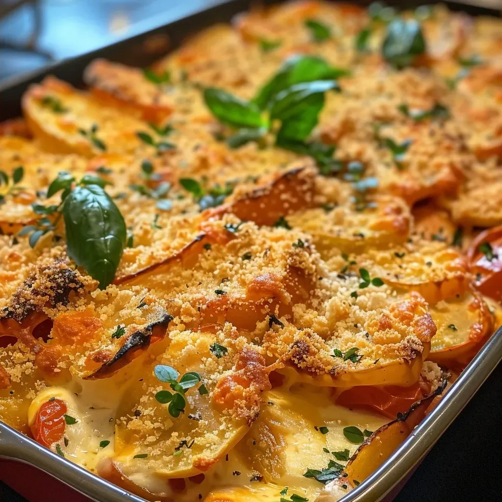 ['Close-up of a creamy Provençal potato gratin layered with tomatoes.', 'Side view of a golden-brown potato gratin with fresh tomatoes and herbs.', 'Juicy Provençal potato gratin featuring melted mozzarella and herbs.', 'Deliciously baked potato gratin with tomatoes, garnished with herbs.']