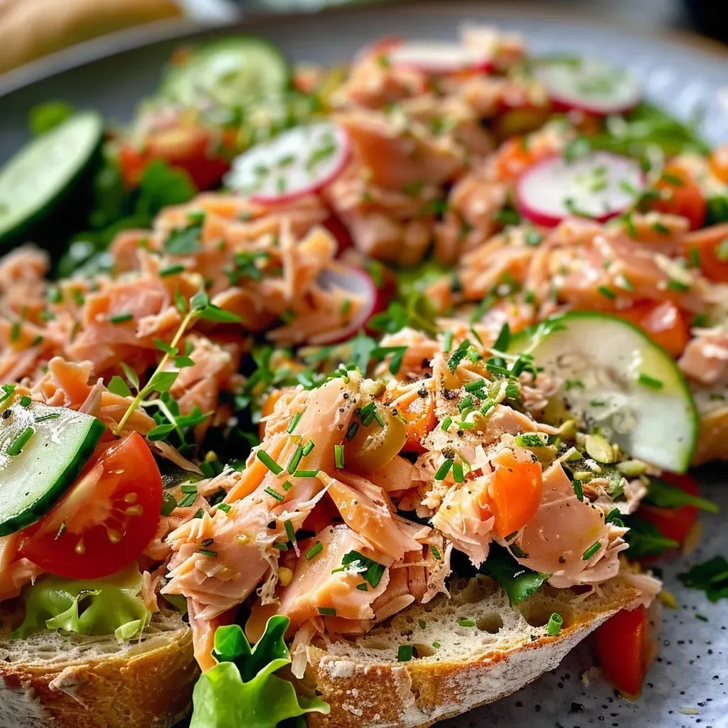 Close-up of a vibrant Pulled Lachs on Brotsalat, showcasing fresh ingredients like salmon, radishes, and greens.