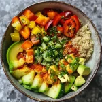 ['Close-up of a vibrant Quinoa bowl filled with fresh vegetables.', 'Colorful Quinoa bowl from the side, showcasing various chopped vegetables.', 'Juicy Quinoa bowl featuring diced peppers, zucchini, and broccoli.', 'Side view of a Quinoa bowl garnished with avocado slices and herbs.']