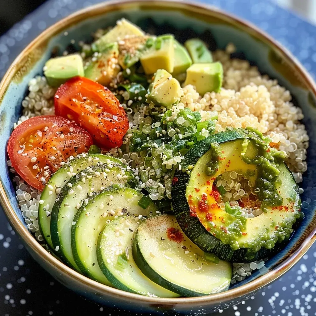 ['Close-up of a vibrant Quinoa bowl filled with fresh vegetables.', 'Colorful Quinoa bowl from the side, showcasing various chopped vegetables.', 'Juicy Quinoa bowl featuring diced peppers, zucchini, and broccoli.', 'Side view of a Quinoa bowl garnished with avocado slices and herbs.']