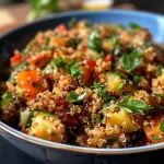 ['Close-up view of a vibrant quinoa stew with assorted vegetables.', 'Side profile of a colorful quinoa dish filled with beans, potatoes, and herbs.', 'Detailed photo of a hearty quinoa vegetable stew served in a bowl.', 'Juicy quinoa Eintopf showcasing fresh ingredients like zucchini and carrots.']