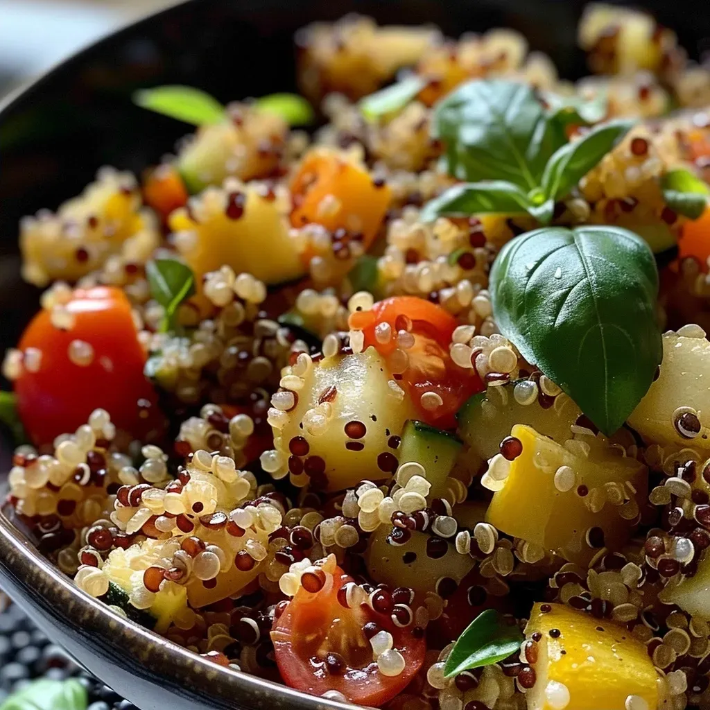 ['Close-up view of a vibrant quinoa stew with assorted vegetables.', 'Side profile of a colorful quinoa dish filled with beans, potatoes, and herbs.', 'Detailed photo of a hearty quinoa vegetable stew served in a bowl.', 'Juicy quinoa Eintopf showcasing fresh ingredients like zucchini and carrots.']