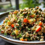 ['Close-up of a colorful Quinoa Gemüseauflauf featuring layers of vegetables and cheese.', 'Side view of a baked quinoa casserole packed with spinach, tomatoes, and peppers.', 'A delicious serving of Quinoa Gemüseauflauf with a golden cheese topping and fresh veggies.', 'Juicy quinoa and vegetable bake displayed on a plate, highlighting its vibrant ingredients.']