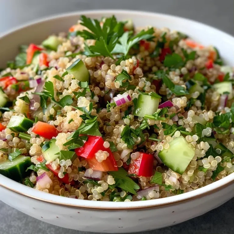 ['Close-up of a vibrant quinoa pasta salad with colorful vegetables.', 'Side view of a bowl filled with quinoa salad featuring red bell peppers, celery, and olives.', 'Detailed shot of a quinoa salad showing fresh herbs and a creamy tahini dressing.', 'Juicy quinoa nudelsalat with diced cucumber and red onions, garnished with herbs.']