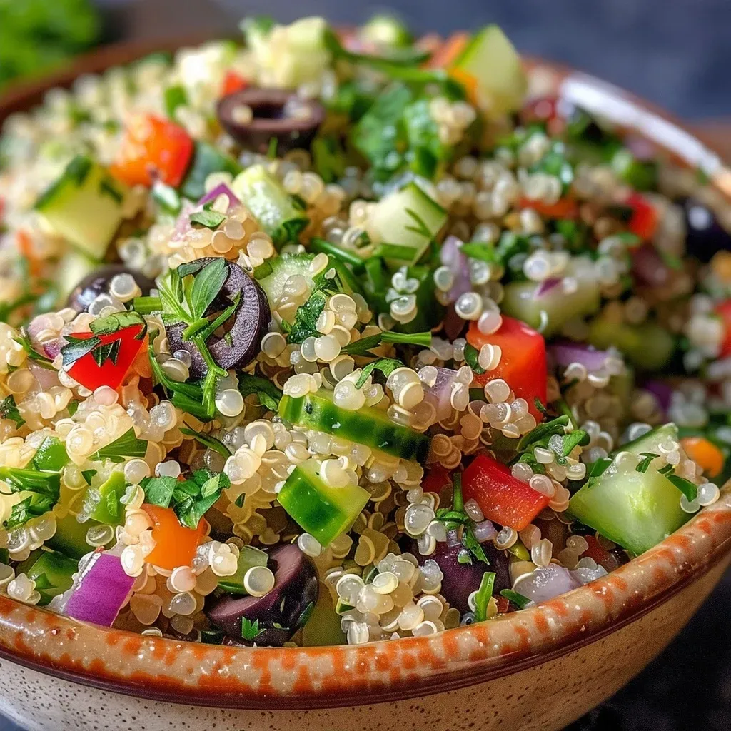 ['Close-up of a vibrant quinoa pasta salad with colorful vegetables.', 'Side view of a bowl filled with quinoa salad featuring red bell peppers, celery, and olives.', 'Detailed shot of a quinoa salad showing fresh herbs and a creamy tahini dressing.', 'Juicy quinoa nudelsalat with diced cucumber and red onions, garnished with herbs.']