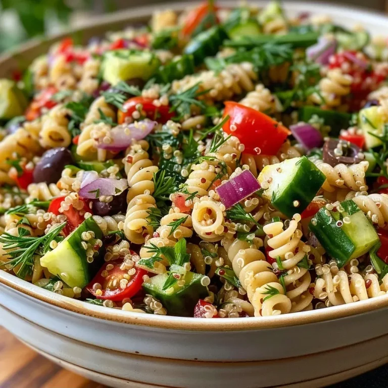 ['Close-up of a colorful quinoa pasta salad in a bowl with vibrant vegetables.', 'Side view of quinoa pasta salad featuring fresh cucumbers, tomatoes, and olives.', 'Detailed image of a quinoa pasta salad garnished with lemon and dill dressing.', 'Bowl of quinoa pasta salad with tri-colored pasta, topped with chopped herbs and veggies.']