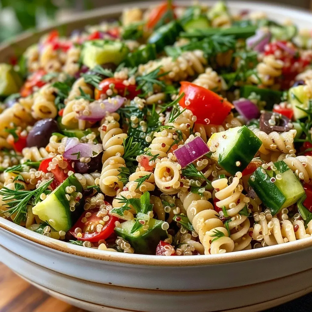['Close-up of a colorful quinoa pasta salad in a bowl with vibrant vegetables.', 'Side view of quinoa pasta salad featuring fresh cucumbers, tomatoes, and olives.', 'Detailed image of a quinoa pasta salad garnished with lemon and dill dressing.', 'Bowl of quinoa pasta salad with tri-colored pasta, topped with chopped herbs and veggies.']