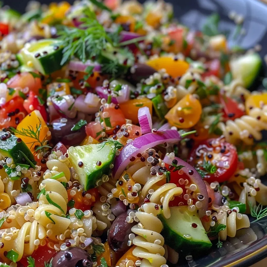 Close-up of a colorful quinoa pasta salad in a bowl with vibrant vegetables.