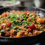 ['Close-up of a colorful Quinoa Pfanne with mixed vegetables and herbs.', 'Side view of a vibrant Quinoa dish featuring vegetables like zucchini, peppers, and tomatoes.', 'Juicy Quinoa bowl with green peas, carrots, and garnished with fresh herbs.', 'Detailed shot of a Quinoa stir-fry, showcasing various vegetables and spices.']