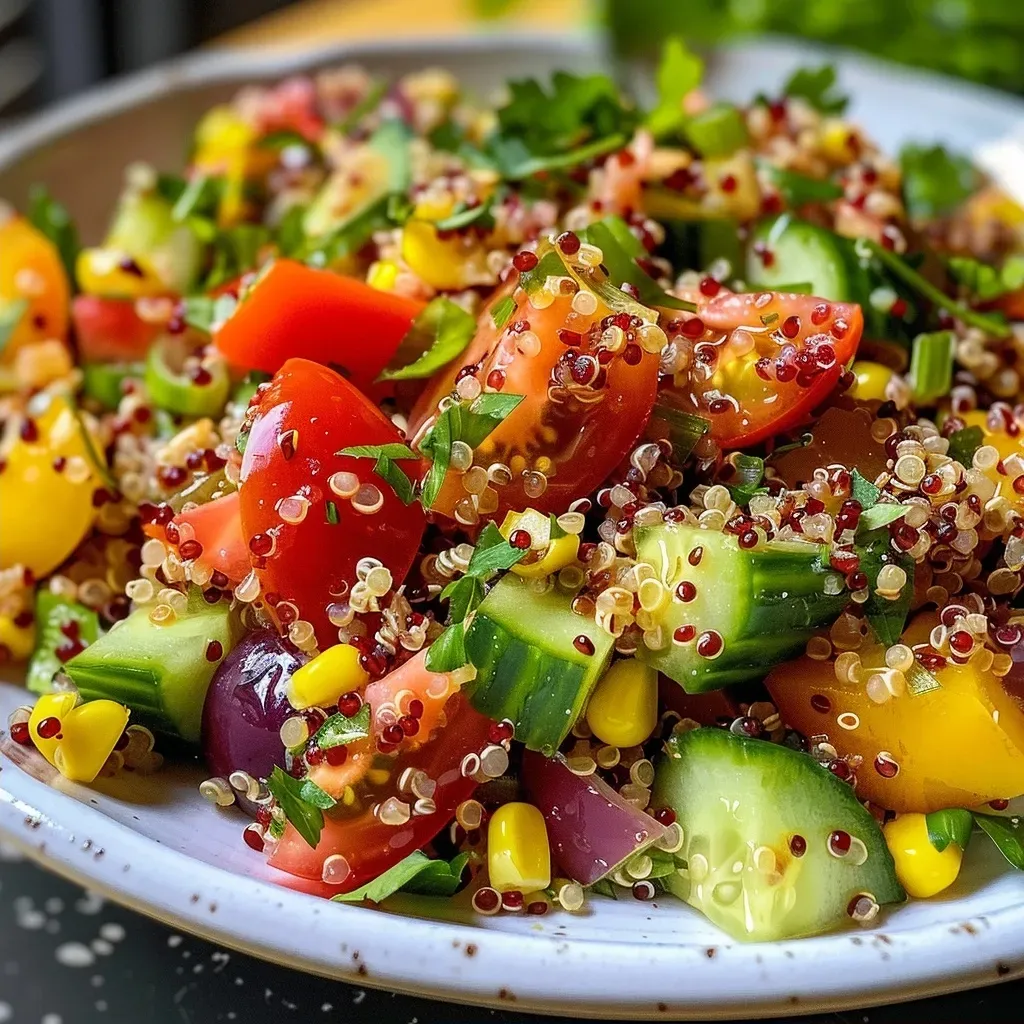 ['A close-up view of a colorful quinoa salad featuring vegetables and a honey shallot vinaigrette.', 'A vibrant salad with red quinoa, cucumber, tomatoes, and bell pepper drizzled with a dressing.', 'A side view of a fresh quinoa salad showcasing bright vegetables and leafy greens.', 'Delicious quinoa salad with honey shallot dressing, highlighting fresh veggies and herbs.']