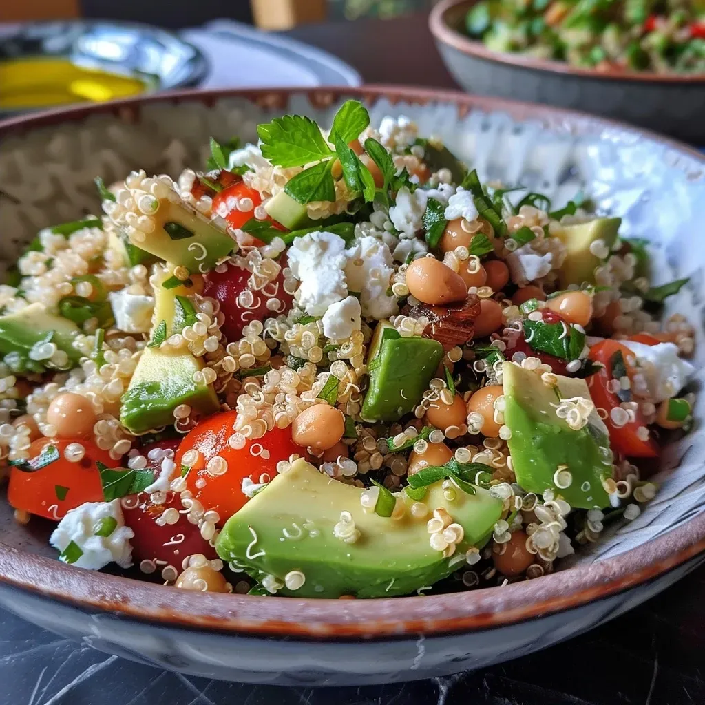 ['Close-up view of a quinoa salad with chickpeas, tomatoes, avocado, cucumber, and feta cheese.', 'A vibrant quinoa salad featuring chickpeas, diced tomatoes, avocado, and fresh herbs.', 'Detailed side view of a colorful quinoa salad with various fresh ingredients and feta.', 'A healthy quinoa salad served with chickpeas and garnished with parsley and mint.']