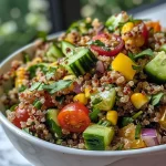 ['Close-up view of a colorful quinoa salad with fresh vegetables.', 'Detailed side view of a vibrant quinoa salad in a bowl.', 'An appetizing quinoa salad featuring cucumbers, tomatoes, and olives.', 'Fresh quinoa salad garnished with mint leaves and drizzled with dressing.']