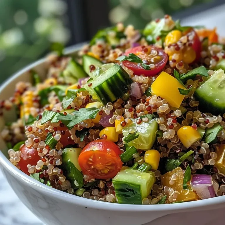 ['Close-up view of a colorful quinoa salad with fresh vegetables.', 'Detailed side view of a vibrant quinoa salad in a bowl.', 'An appetizing quinoa salad featuring cucumbers, tomatoes, and olives.', 'Fresh quinoa salad garnished with mint leaves and drizzled with dressing.']