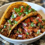['Close-up view of textured quinoa taco filling in a bowl.', 'Juicy quinoa taco meat displayed in a vibrant bowl.', 'Side view of colorful quinoa meat with herbs and spices.', 'Detail of quinoa taco meat mixture showcasing its ingredients.']