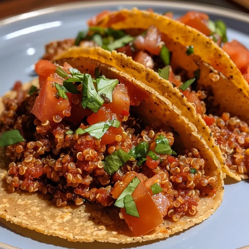Close-up view of textured quinoa taco filling in a bowl.