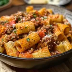 ['Close-up of Rigatoni Mafiosi with ground beef in a rich tomato sauce.', 'Juicy Rigatoni pasta served with minced beef and vibrant vegetables.', 'Side view of a comforting bowl of Rigatoni Mafiosi featuring meat and sauce.', 'Detailed shot of Rigatoni with a hearty beef and tomato mixture.']