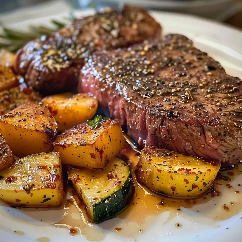 ['Juicy Rinderfilets with colorful roasted vegetables and crispy onions.', 'Close-up of two cooked Rinderfilets garnished with vegetables and herbs.', 'Oven-baked Rinderfilets served with a variety of vibrant vegetables.', 'Deliciously plated Rinderfilets with roasted onions and fresh herbs.']