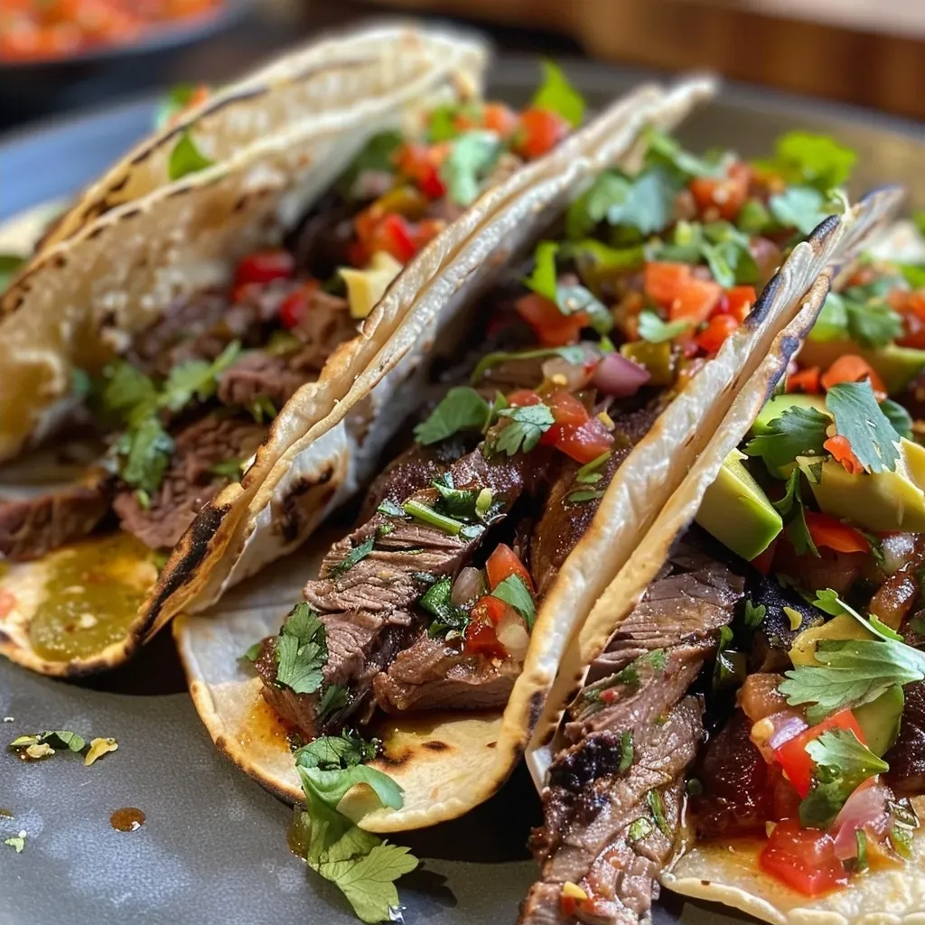 Close-up view of juicy Rinderhack tacos topped with avocado and salsa.