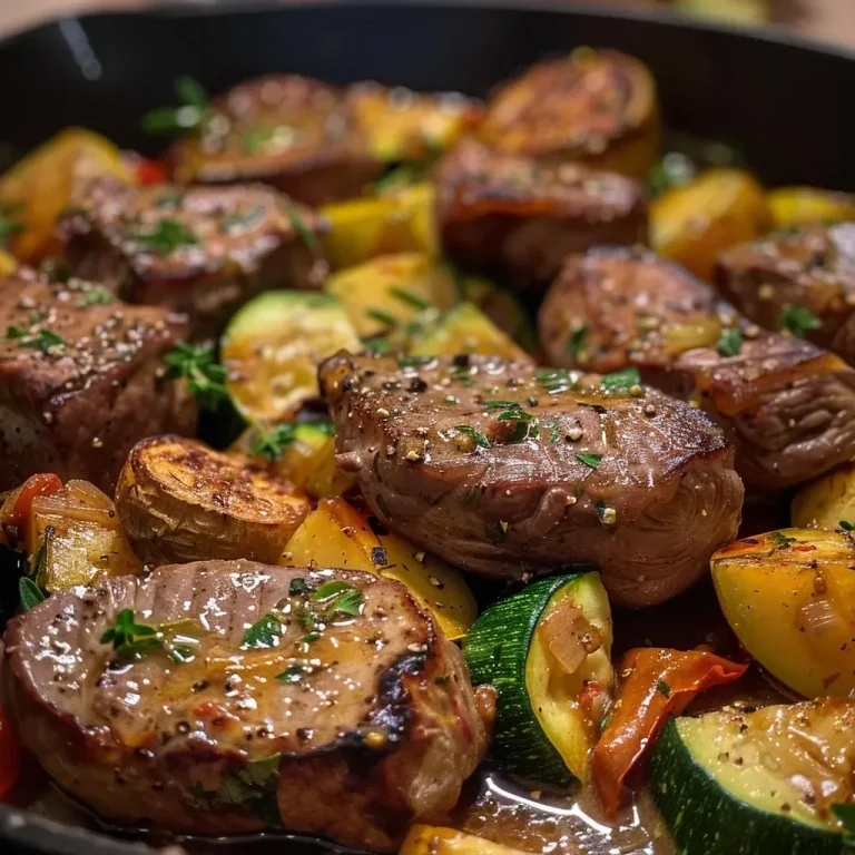 ['Close-up shot of a juicy Rindfleischpfanne with colorful vegetables.', 'Side view of a delicious beef skillet dish with peppers, zucchini, and carrots.', 'Appetizing Rindfleischpfanne displayed with fresh herbs and vibrant veggies.', 'Detailed view of a hearty beef stir-fry featuring tender meat and mixed vegetables.']