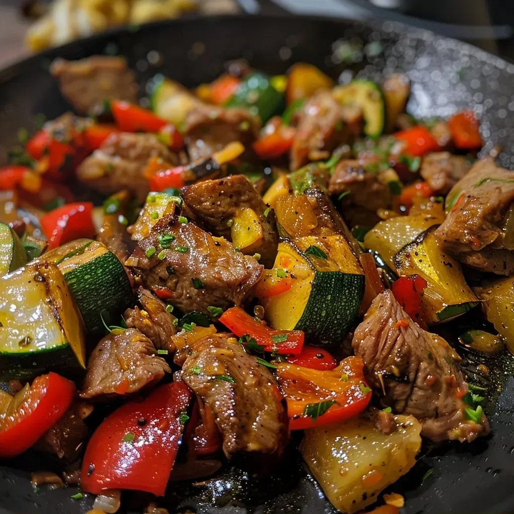 ['Close-up shot of a juicy Rindfleischpfanne with colorful vegetables.', 'Side view of a delicious beef skillet dish with peppers, zucchini, and carrots.', 'Appetizing Rindfleischpfanne displayed with fresh herbs and vibrant veggies.', 'Detailed view of a hearty beef stir-fry featuring tender meat and mixed vegetables.']