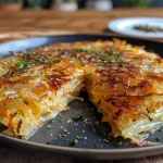 ['Close-up view of a delicious Rösti Auflauf, showcasing crispy potato layers and melted cheese.', 'Side view of a Rösti Auflauf with golden-brown crust, surrounded by diced vegetables and herbs.', 'Juicy Rösti Auflauf displayed on a plate, highlighting its rich texture and appetizing ingredients.', 'A slice of Rösti Auflauf showing layers of potatoes, cheese, and bacon, garnished with chives.']