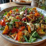 ['Close-up view of a vibrant chicken salad with fresh ingredients.', 'Juicy chicken breast atop a bed of greens, garnished with tomatoes and avocados.', 'Side view of a colorful salad featuring chicken, lettuce, and assorted toppings.', 'Detailed image of a salad bowl filled with chicken, vegetables, and dressing.']