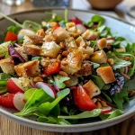 ['Close-up view of a vibrant salad featuring chicken breast, tomatoes, and mixed greens.', 'Side view of a delicious chicken salad with colorful vegetables and a sliced baguette.', 'Juicy chicken breast served atop a fresh salad with cherry tomatoes and cucumbers.', 'A healthy salad with grilled chicken, mixed greens, and dressing, beautifully arranged.']