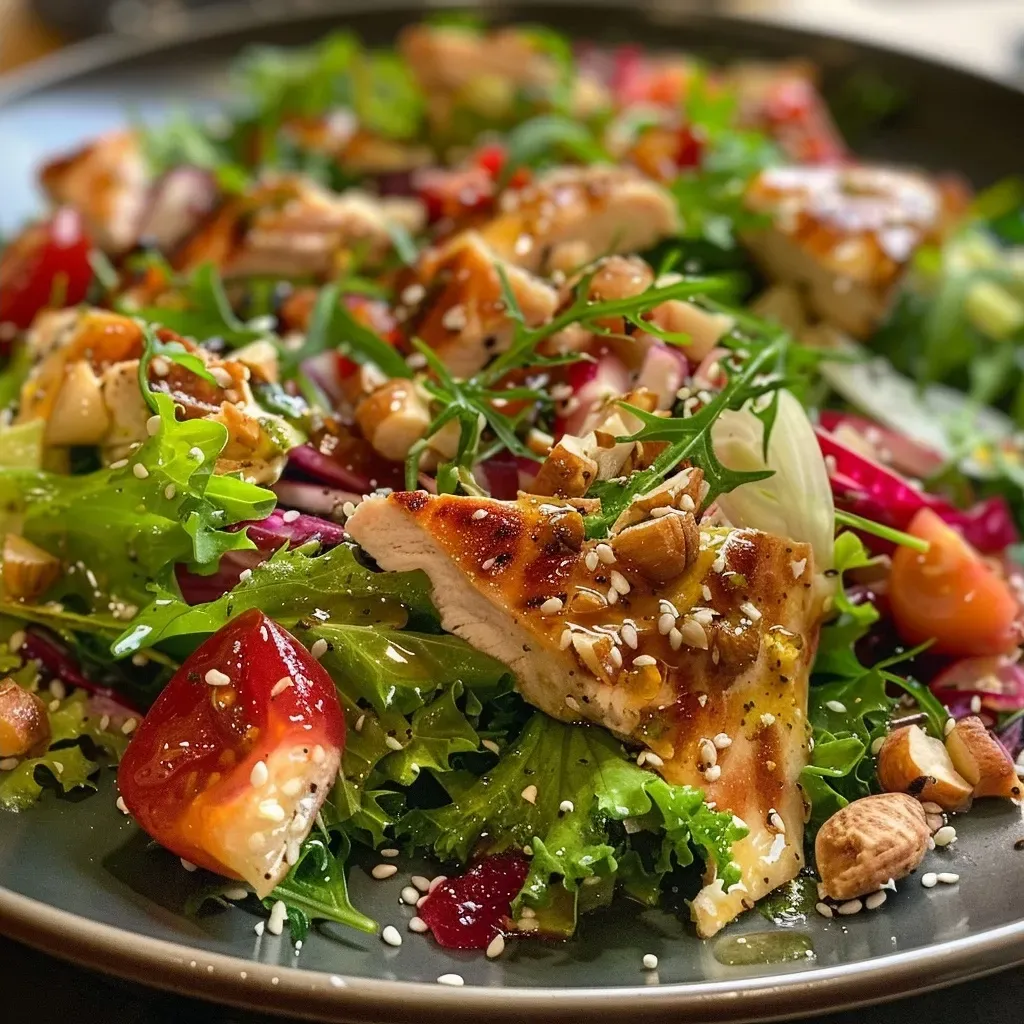 Close-up view of a fresh salad with chicken breast and colorful vegetables.
