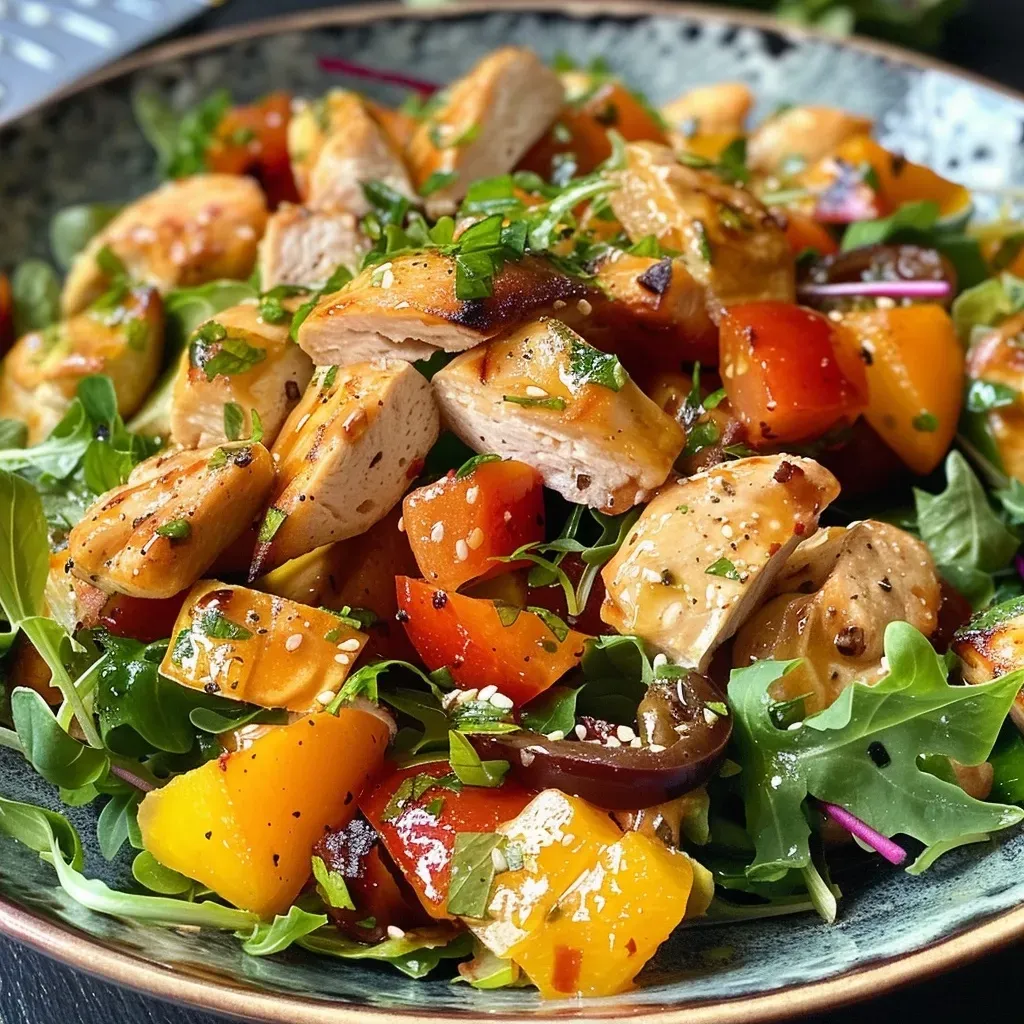 Close-up view of a vibrant salad with grilled chicken breast and colorful fresh ingredients.