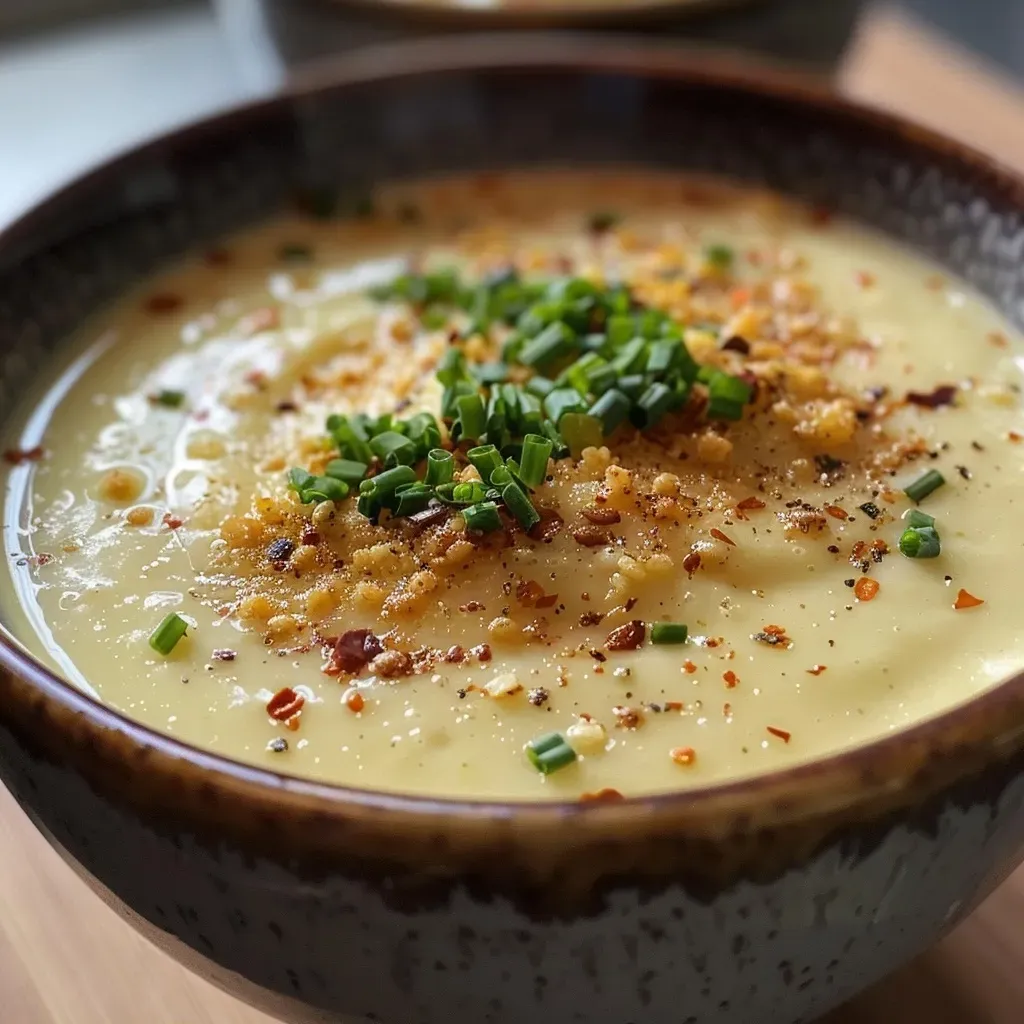 Close-up of a bowl of spicy coconut shrimp soup garnished with herbs.