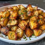 ['Close-up view of crispy potato cubes on a plate, showcasing their golden-brown texture.', 'Side view of juicy Schnelle Kartoffelwürfel with a crispy exterior and garnished with herbs.', 'Deliciously cooked potato cubes, glistening with oil, resting on a white dish.', 'Appetizing Schnelle Kartoffelwürfel highlighted against a rustic wooden backdrop.']