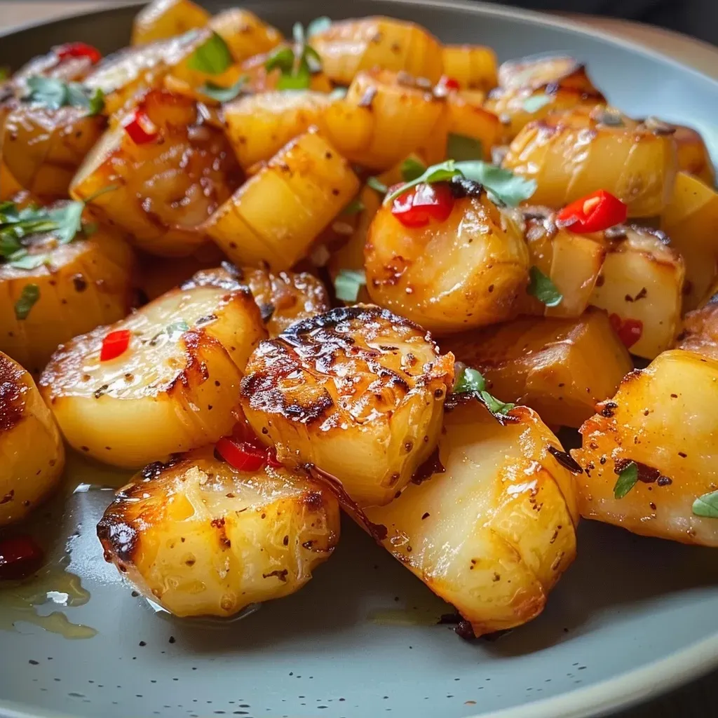 ['Close-up view of crispy potato cubes on a plate, showcasing their golden-brown texture.', 'Side view of juicy Schnelle Kartoffelwürfel with a crispy exterior and garnished with herbs.', 'Deliciously cooked potato cubes, glistening with oil, resting on a white dish.', 'Appetizing Schnelle Kartoffelwürfel highlighted against a rustic wooden backdrop.']