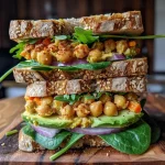 ['Close-up of a smashed chickpea salad sandwich on sourdough bread with visible veggies.', 'Side view of a vibrant smashed chickpea salad sandwich featuring avocado and spinach.', 'Juicy smashed chickpea salad sandwich showcasing colorful ingredients like carrots and red onion.', 'Delicious smashed chickpea salad sandwich on a wooden surface with a fresh garnish.']