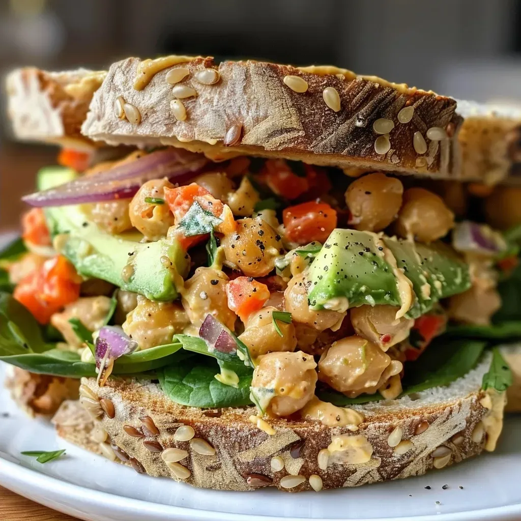 Close-up of a smashed chickpea salad sandwich on sourdough bread with visible veggies.