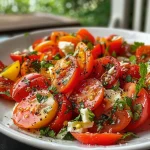 ['Close-up view of a colorful summer tomato salad with feta and fresh herbs.', 'Side view of a bright tomato salad featuring cherry tomatoes, red onions, and dressing.', 'Juicy summer tomato salad with chopped chives, feta, and a balsamic dressing.', 'Vibrant salad made with small tomatoes, red onions, and drizzled dressing.']