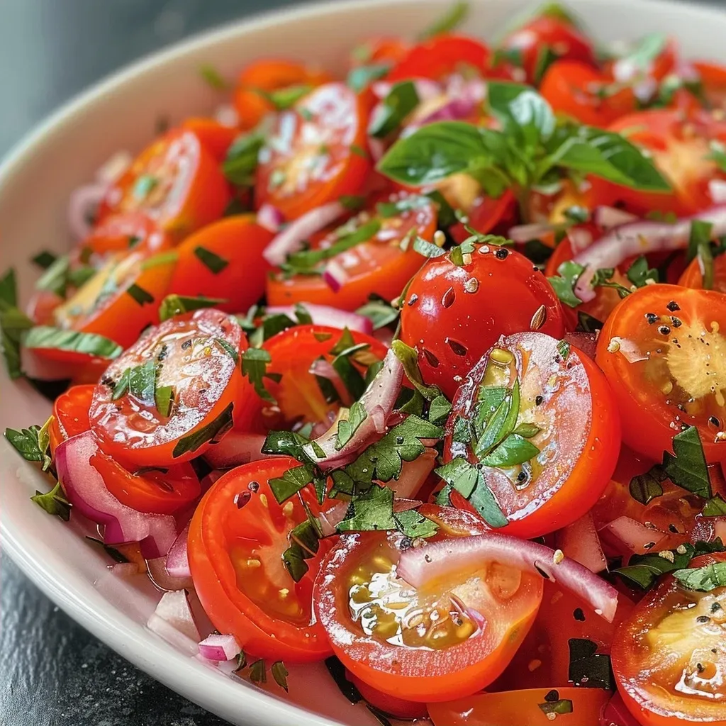 ['Close-up view of a colorful summer tomato salad with feta and fresh herbs.', 'Side view of a bright tomato salad featuring cherry tomatoes, red onions, and dressing.', 'Juicy summer tomato salad with chopped chives, feta, and a balsamic dressing.', 'Vibrant salad made with small tomatoes, red onions, and drizzled dressing.']